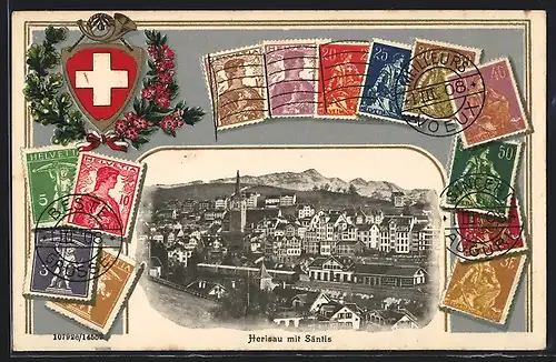 Präge-AK Herisau, Ortsansicht mit Säntis, Briefmarken und Wappen