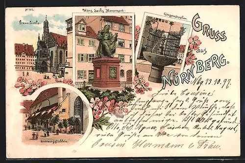 Lithographie Nürnberg, Bratwurstglöcklein, Gänsemännchen, Frauenkirche