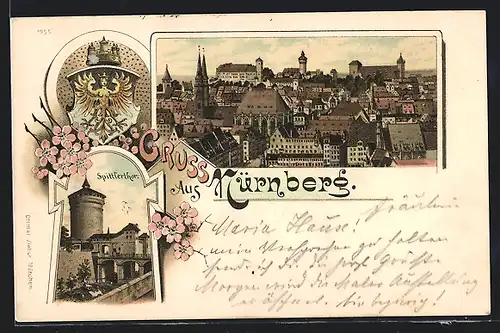 Lithographie Nürnberg, Blick auf die Stadt mit Spittlertor und Wappen