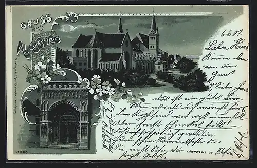 Mondschein-Lithographie Augsburg, Dom mit Anlagen, Portal