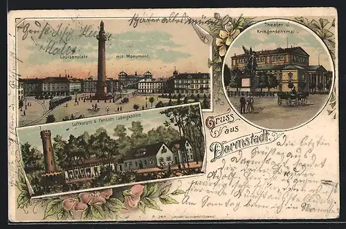 Lithographie Darmstadt, Pension Ludwigshöhe, Louisenplatz mit Monument