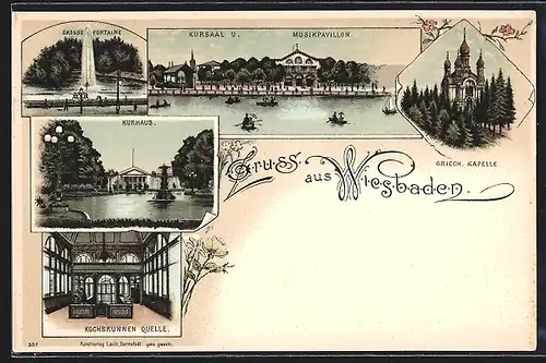 Lithographie Wiesbaden, Kurhaus, Grosse Fontaine, Panorama mit Kursaal u. Musikpavillon