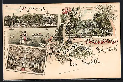 Lithographie Wiesbaden, Kurhaus, Kurhausplatz, Kursaal