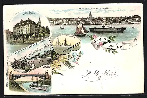 Lithographie Kiel, Kriegsschiff, Schloss-Resid. d. Prinz Heinrich v. Pr., Lewensauer Hochbrücke