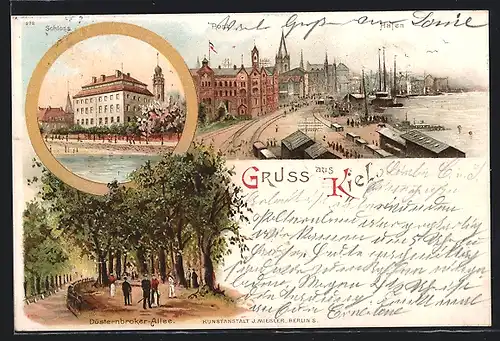 Lithographie Kiel, Schloss, Post und Hafen, Düsternbroker-Allee