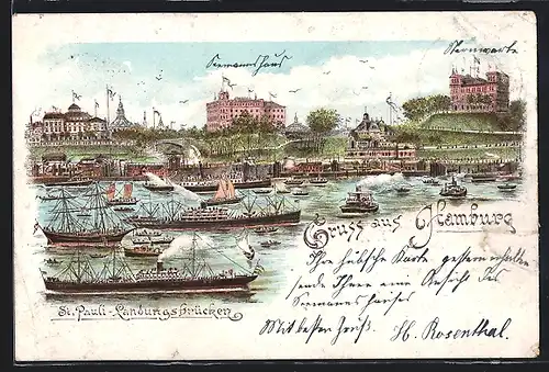 Lithographie Hamburg-St.Pauli, St. Pauli-Landungsbrücken, Panorama