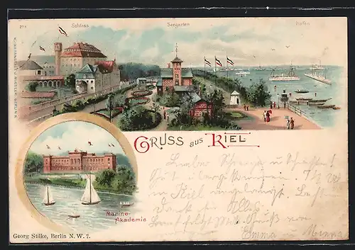 Lithographie Kiel, Marine-Akademie, Schloss, Seegarten und Hafen