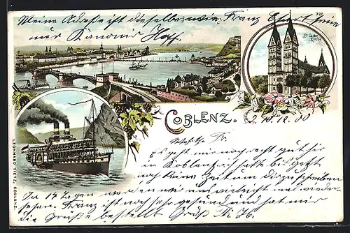 Lithographie Coblenz, Teilansicht mit Brücke, Dampfschiff