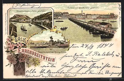 Lithographie Coblenz, Ortsansicht von der Schiffbrücke, Ehrenbreitstein vom Hafen gesehen