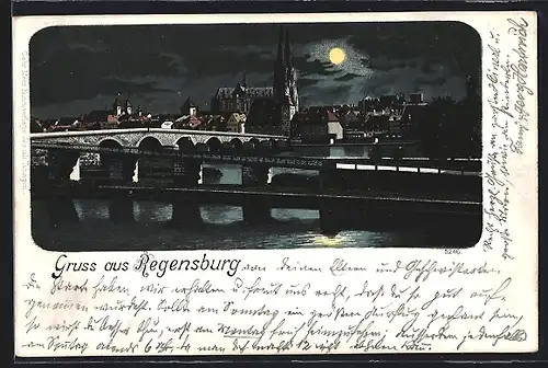 Lithographie Regensburg, Ortspanorama hinter Brücken