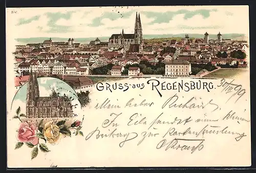 Lithographie Regensburg, Panorama und Dom