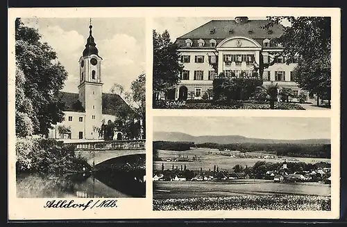 AK Adldorf /Ndb., Schloss, Kirche mit Brücke, Gesamtansicht