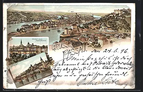 Lithographie Passau, Innstadt, Ansicht der Donaubrücke