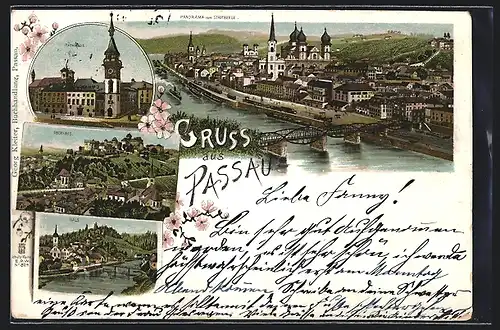 Lithographie Passau, Panorama vom Stadtberg, Ortsansichten Hals u. Oberhaus