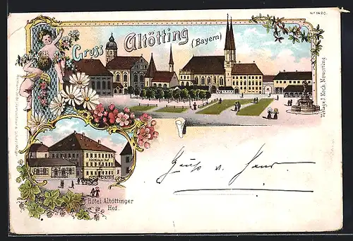 Lithographie Altötting /Bay., Hotel Altöttinger Hof, Ortspartie mit Kirchen und Anlagen