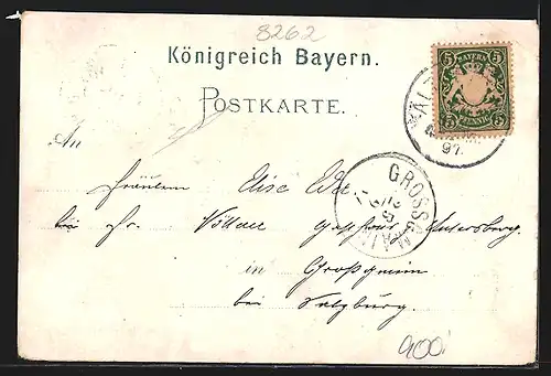 Lithographie Altötting /Bay., Hotel Altöttinger Hof, Ortspartie mit Kirchen und Anlagen