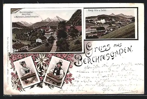 Vorläufer-Lithographie Berchtesgaden, 1895, Königl. Villa und Saline, Nonnthal mit Watzmann und Schönfeldspitze