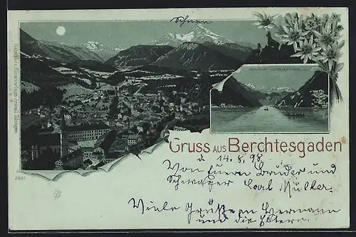 Mondschein-Lithographie Berchtesgaden, Königssee vom Malerwinkel aus, Gesamtansicht mit Bergen