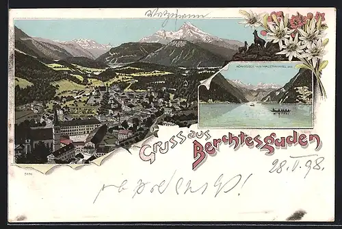 Lithographie Berchtesgaden, Königssee mit Bootspartie, Gesamtansicht mit Bergpanorama