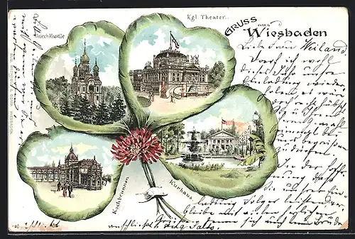 Passepartout-Lithographie Wiesbaden, Kgl. Theater, Kochbrunnen, Griech. Kapelle, Kurhaus im Kleeblatt