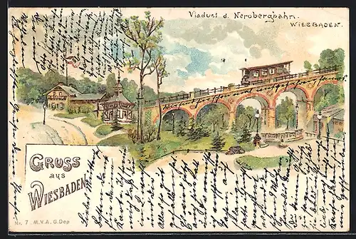 Lithographie Wiesbaden, Viadukt der Nerobergbahn mit Umgebung