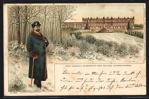 Lithographie Herrenchiemsee, König Ludwig II beim Spaziergang nach dem Schloss im Winter