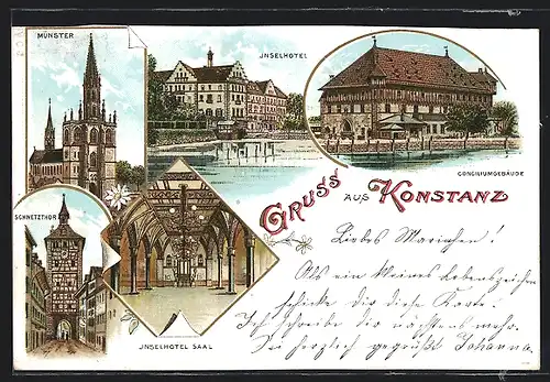 Lithographie Konstanz, Inselhotel, Conciliumgebäude, Schnetzthor