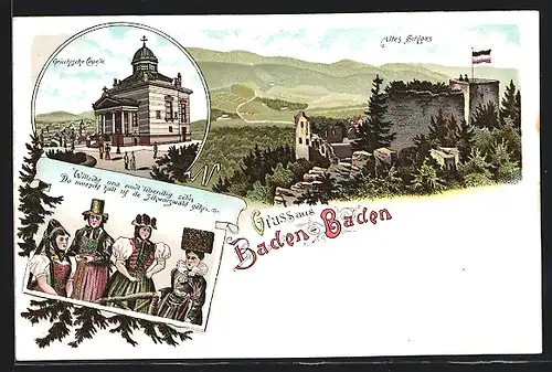 Lithographie Baden-Baden, Griechische Kapelle, Altes Schloss, Frauen in Trachten