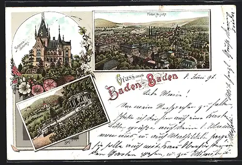 Lithographie Baden-Baden, Totalansicht, Schloss Solms, Das Echo
