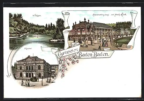 Lithographie Baden-Baden, Waldsee, Conversationshaus und Theater