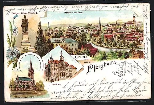 Lithographie Pforzheim, Neue ev. Kirche, Denkmal Kaiser Wilhelm I., Ortsansicht von Osten