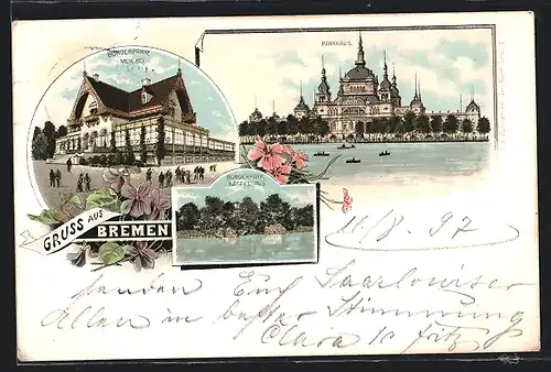 Lithographie Bremen, Bürgerpark Kaffeehaus, Meierei, Parkhaus