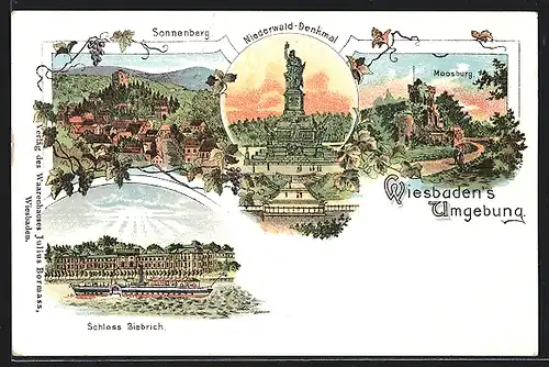 Lithographie Wiesbaden, Sonnenberg, Niederwald-Denkmal, Moosburg, Schloss Biebrich