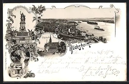 Lithographie Rüdesheim am Rhein, Totalansicht, Rochuskapelle