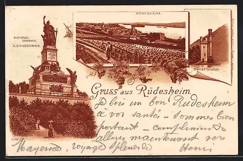 Lithographie Rüdesheim, Panorama mit Niederwald-Denkmal