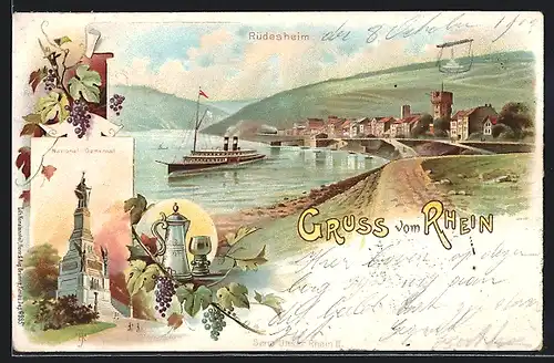 Lithographie Rüdesheim am Rhein, Panorama und National-Denkmal