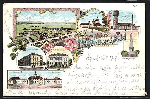 Lithographie Lechfeld, Lager Lechfeld, Neue Kaserne, Wasserwerk, Platz-Commando