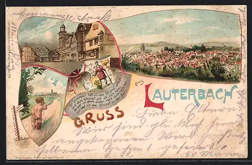 Lithographie Lauterbach / Hessen, zwei Stadtansichten, weinendes Kind mit nur einem Strumpf bekleidet, Versreim