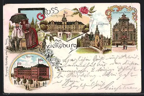 Lithographie Bückeburg, Kaserne, Lutherische Kirche, Neues Palais, Fürstl. Residenz-Schloss