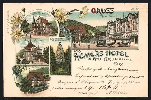 Lithographie Bad Grund /Harz, Römers Hotel, Villa Römer, Kaiser-Denkmal am Hübichenstein