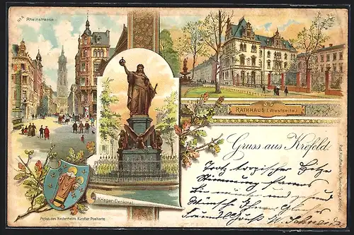 Lithographie Krefeld, Rheinstrasse, Rathaus, Krieger-Denkmal, Wappen