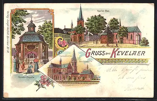 Lithographie Kevelaer, Marienkirche & Beichtkapelle, Gnaden-Kapelle, Kapellen-Platz