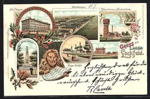 Lithographie Lager Lechfeld, Barackenlager, neue Kaserne, Kloster, Krieger-Denkmal