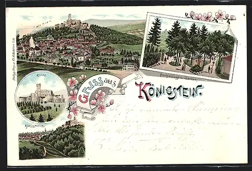 Lithographie Königstein /Ts., Gesamtansicht mit Burg, Parkanlage