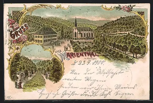 Lithographie Marienthal im Rheingau, Ortspartie mit Kirche