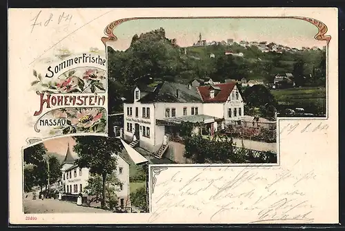 AK Hohenstein /Nassau, Gasthaus-Pension Hohenstein C. Kessler mit Ortsansicht und Strasse