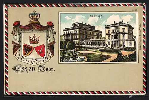 Passepartout-Lithographie Essen an der Ruhr, Villa Hügel und Wappen