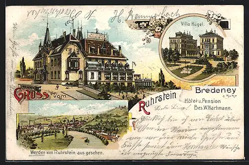 Lithographie Bredeney, Hotel & Pension auf dem Ruhrstein, Ortsansicht, Villa Hügel