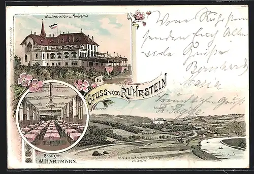 Lithographie Essen /Ruhr, Gasthof Ruhrstein, Gasthaus zum Ruhrstein, Inneres Saal, Panorama mit Villa Hügel