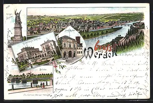 Lithographie Werden a. d. Ruhr, Gesamtansicht, Straf-Anstalt und Krupp`sches Schloss